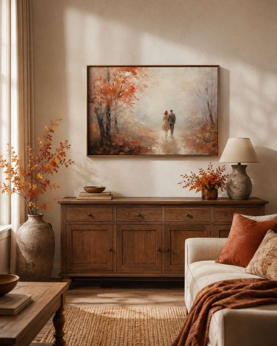 Spacious living room wall, large framed autumn oil painting, charcoal sofa, walnut coffee table, natural light from windows.