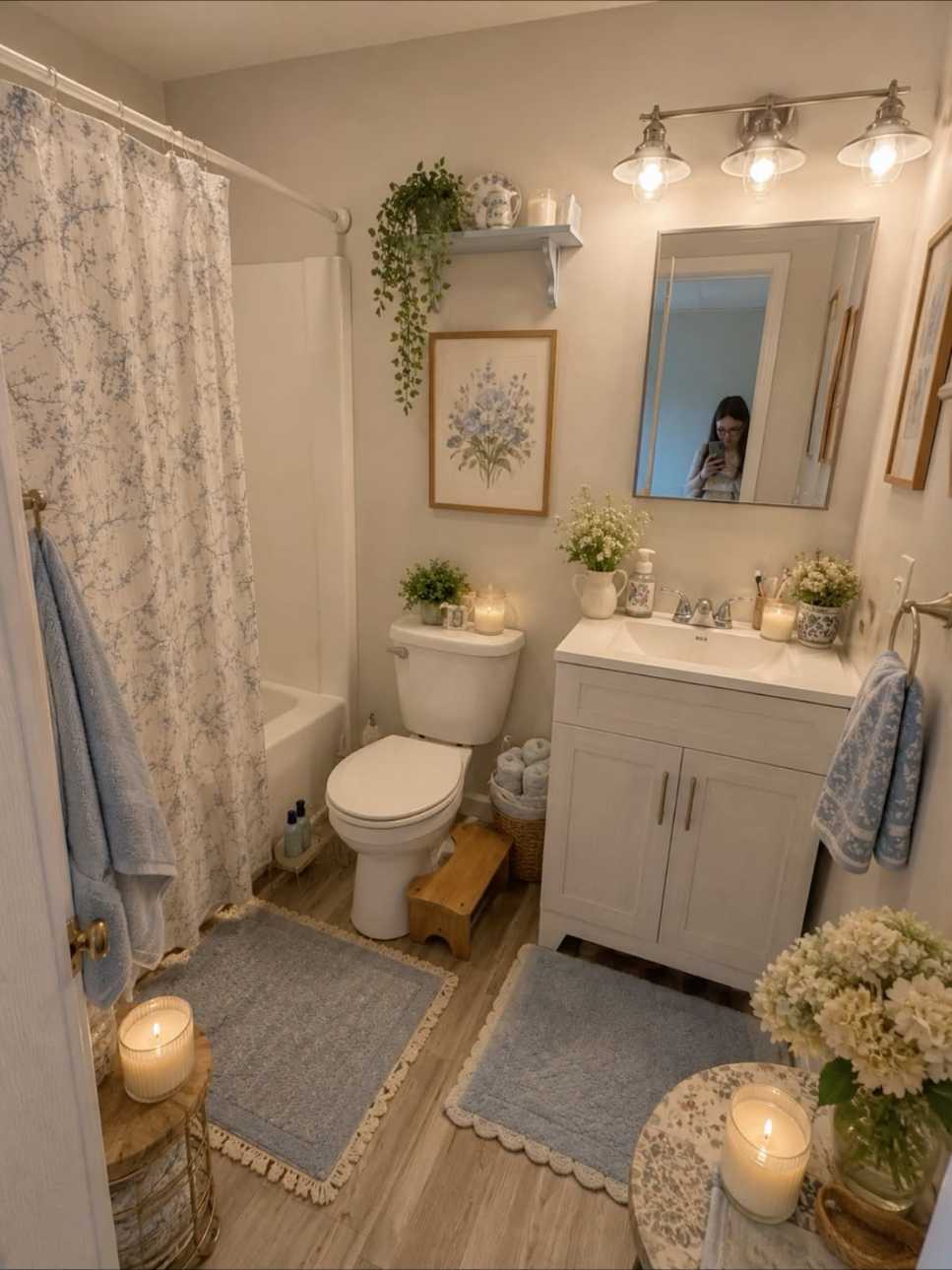Cottage‑style bathroom showcasing blue floral wallpaper, distressed white vanity, vintage brass fixtures, and woven baskets.