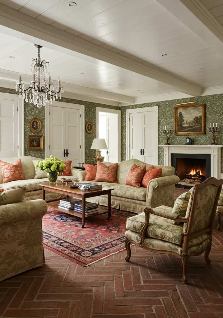 French style basement room with exposed brick floor and vintage furniture
