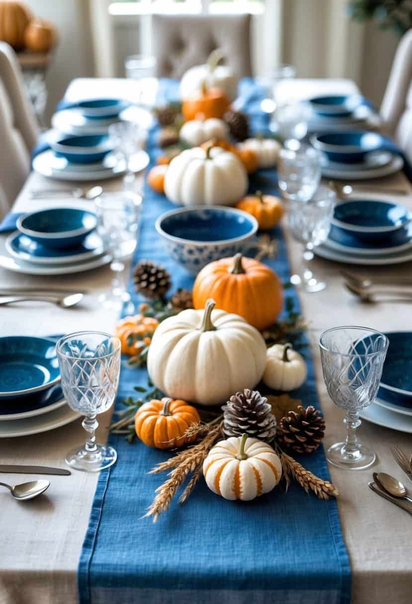Elegant dining room, blue and white chinoiserie plates, porcelain tea set, soft teal lighting