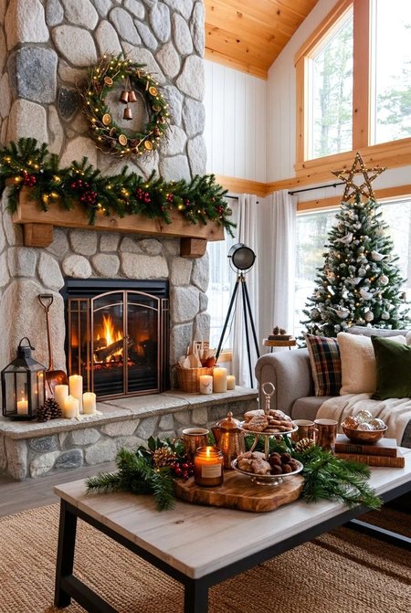 Bright living room mantel styled with fresh cut cedar garland, light wood furniture, and soft natural daylight.
