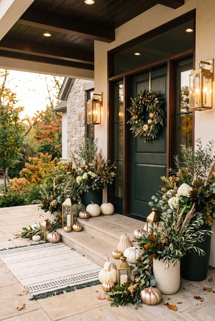 Front door with large autumn wreath two pumpkins and lanterns on steps