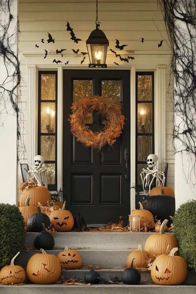 Front porch with flying bats, twin skeletons, and a cluster of pumpkins.