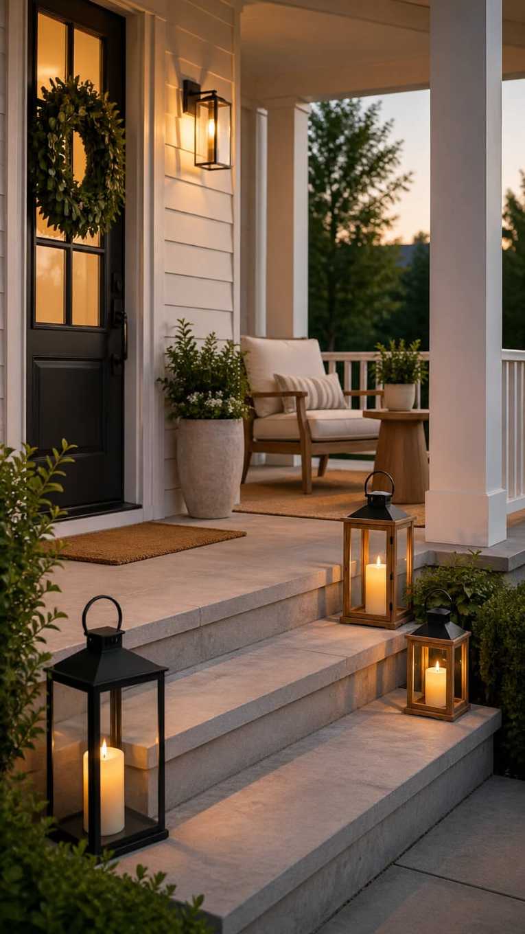 Front porch with black metal chairs, charcoal rug, and sleek white railings