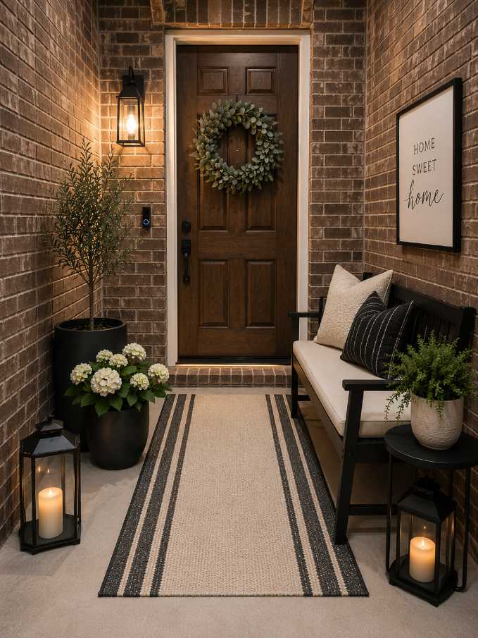Front porch with navy swing, rope cushions, and sea‑glass lanterns