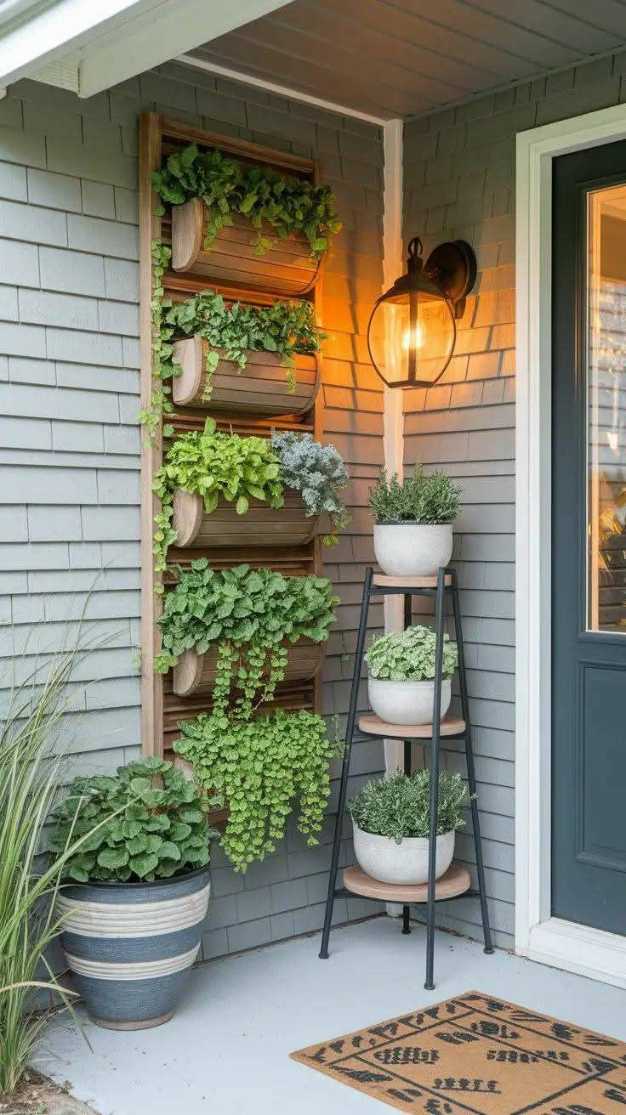 Front porch featuring reclaimed timber bench, wrought‑iron lanterns, and mossy planters