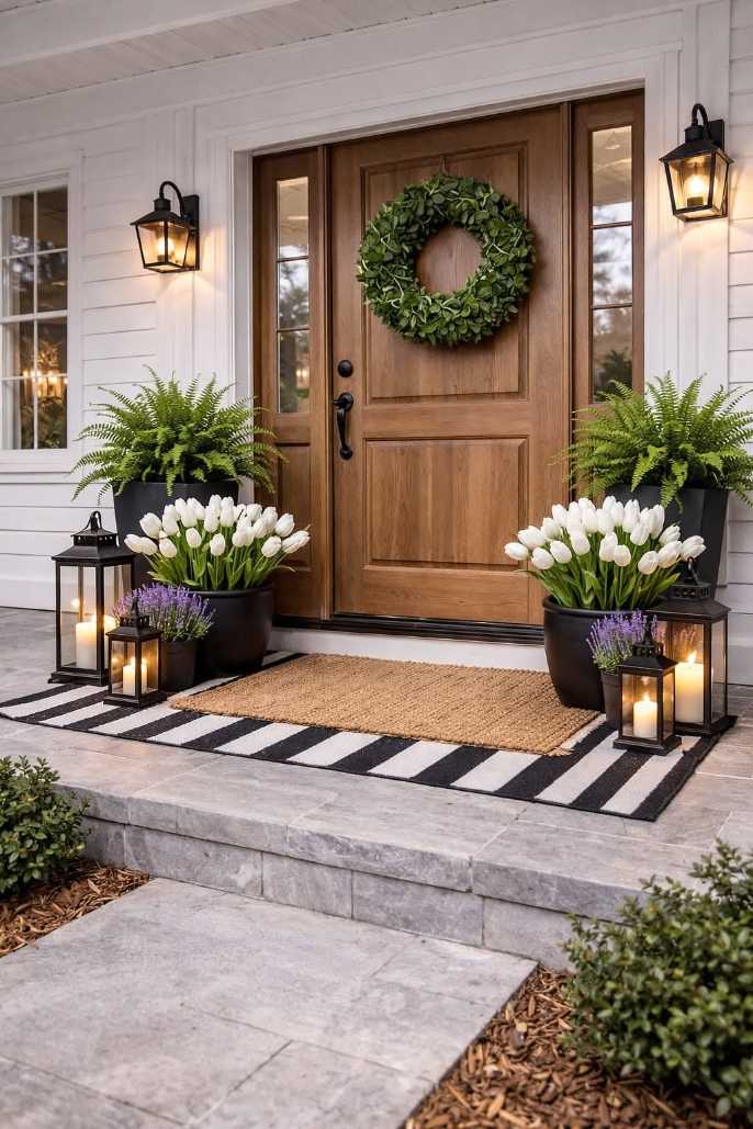 Front porch with patterned rattan chairs, embroidered pillows, and antique lanterns