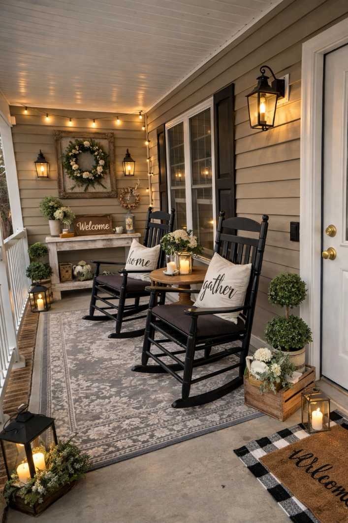 Front porch with steel stools, concrete slab, and exposed bulb lighting
