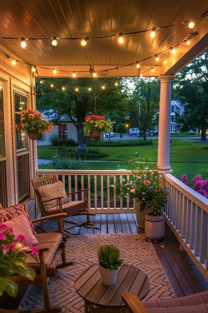 Front porch with wrought‑iron gate, lavender planters, and soft white lighting