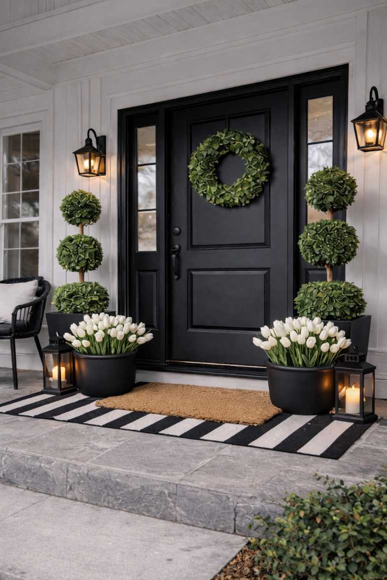 Front porch with white wicker chairs, pastel flower boxes, and lantern string lights