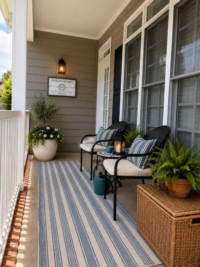 Front porch with bright orange chair, graphic wall art, and neon sign lighting
