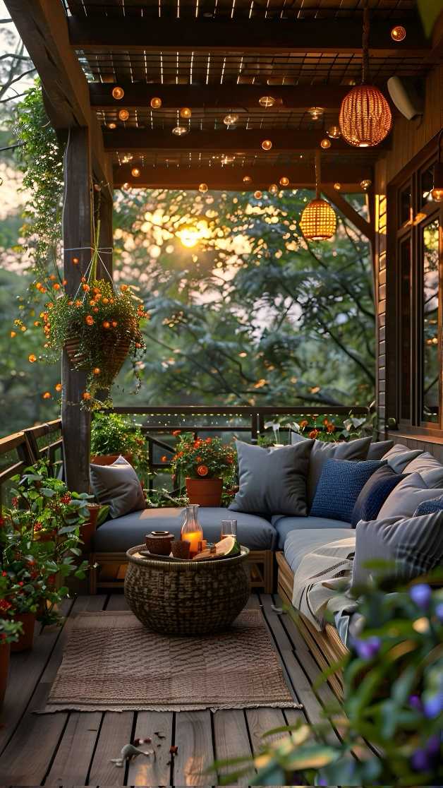 Front porch with pastel blue sofa, blush pink cushions, and ivory lanterns