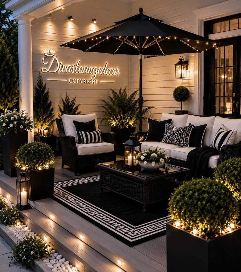 Front porch with wooden swing, gingham pillows, and burlap rug