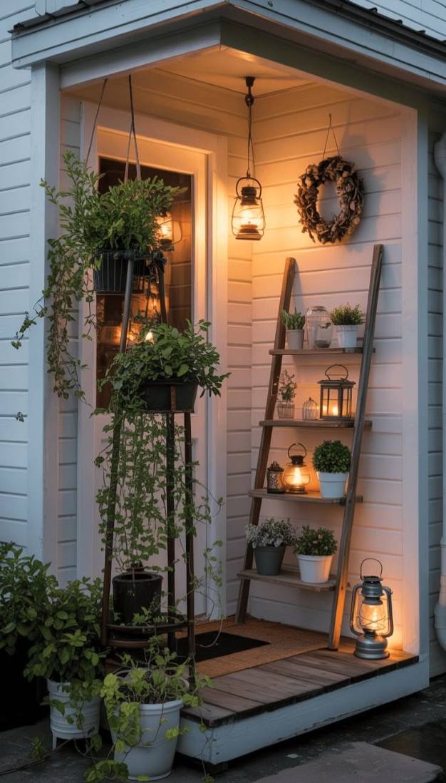 Front porch with white painted rocking chairs, navy striped pillows, and lantern post lights
