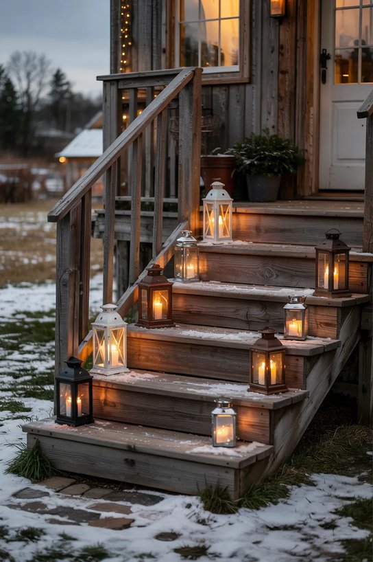 Stone front porch steps with black metal lanterns, flameless flickering pillar candles, spruce boughs.