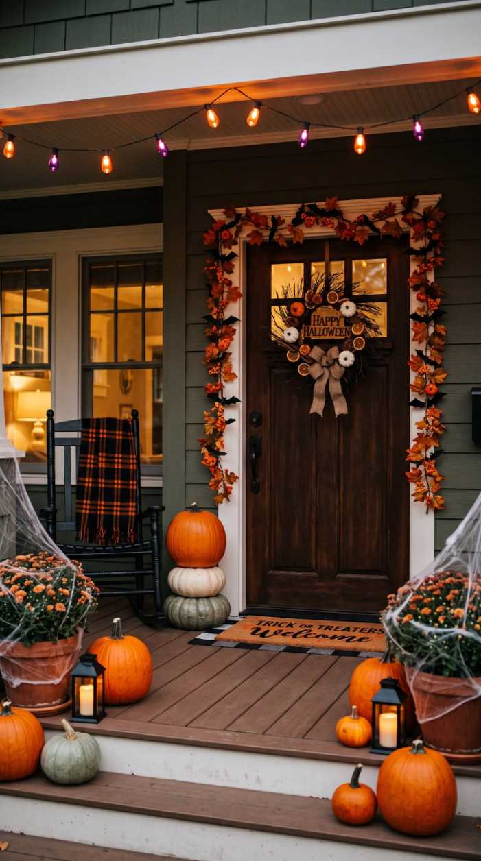 Front porch with a rocking chair, pumpkin garland, and mums on the railing.