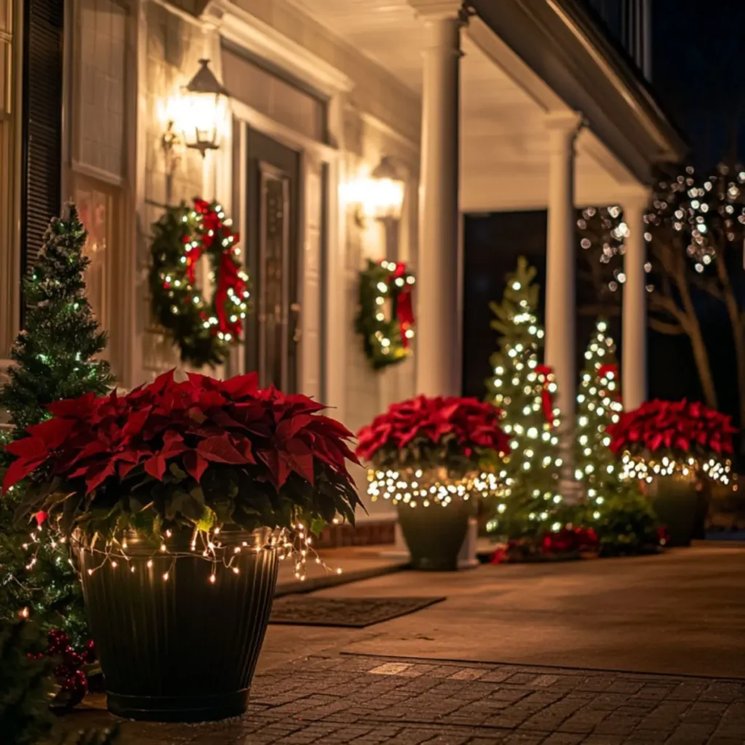 Front door portico with lush lit evergreen garland, matching wreaths, warm sconces, layered mats.