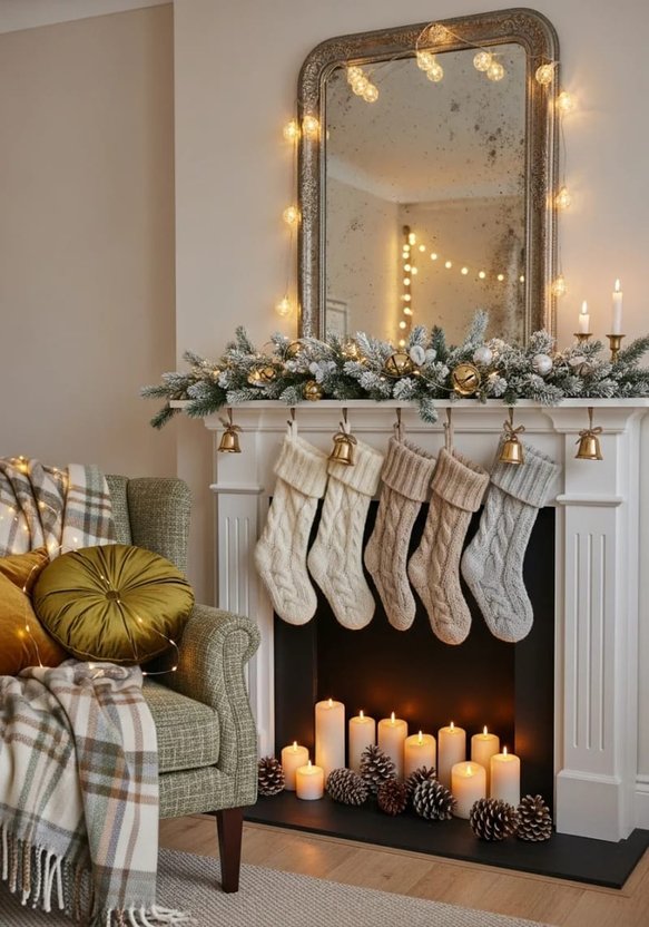 White mantel with frosted eucalyptus garland, gold jingle bells, and soft white fairy lights.