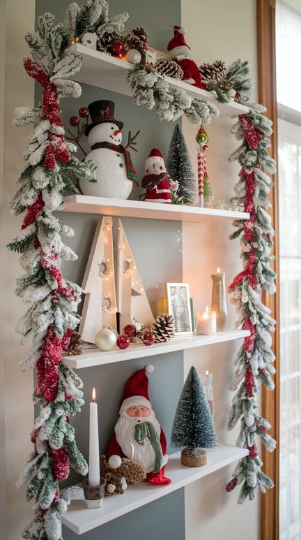 White floating shelves with frosted garland and white candles for a minimalist holiday look.