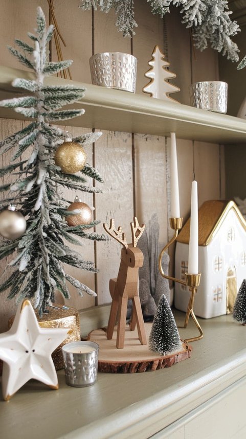 Shelf with frosted mini tree, reindeer figurine, and gold candle holder in a cohesive winter scene.