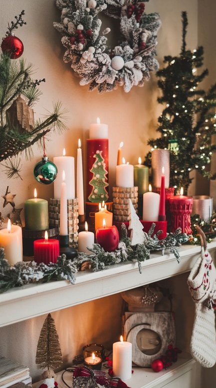 White mantel displaying a frosted pine wreath and cream pillar candles with soft ambient glow.
