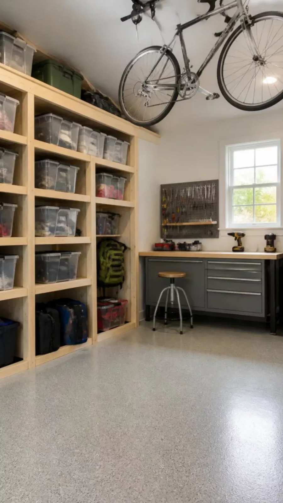 garage ceiling with motorized bike hoist, industrial steel, matte black, soft amber lighting