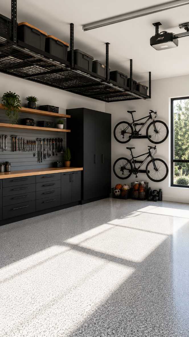 garage ceiling with steel bike rack, floating shelf, industrial finish, natural daylight