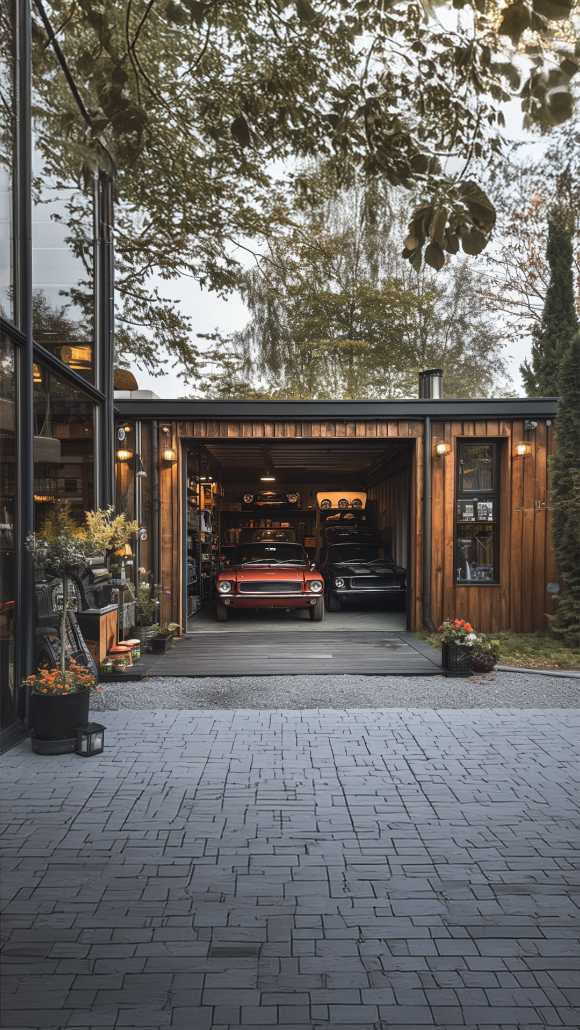 garage styled as classic car shed, red brick walls, vintage signage, warm amber lighting
