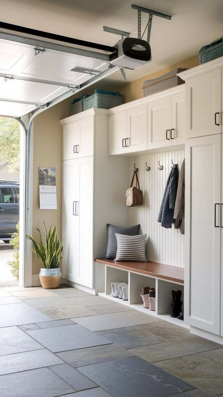 garage entry featuring bench with storage, soft gray upholstery, walnut trim, soft white lighting
