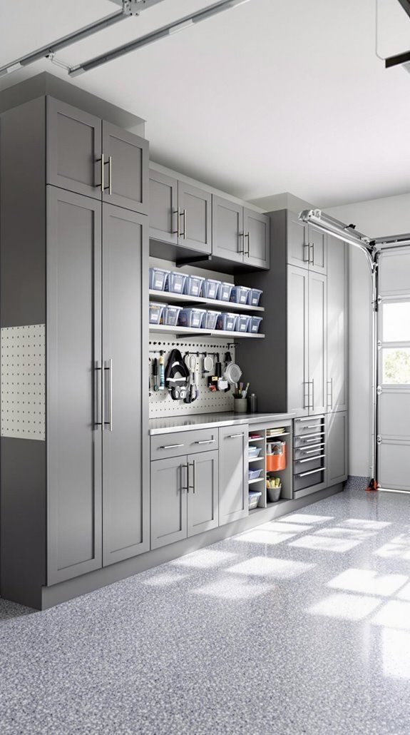 garage with custom grey cabinets, matte finish, integrated LED lighting, dark wood floor