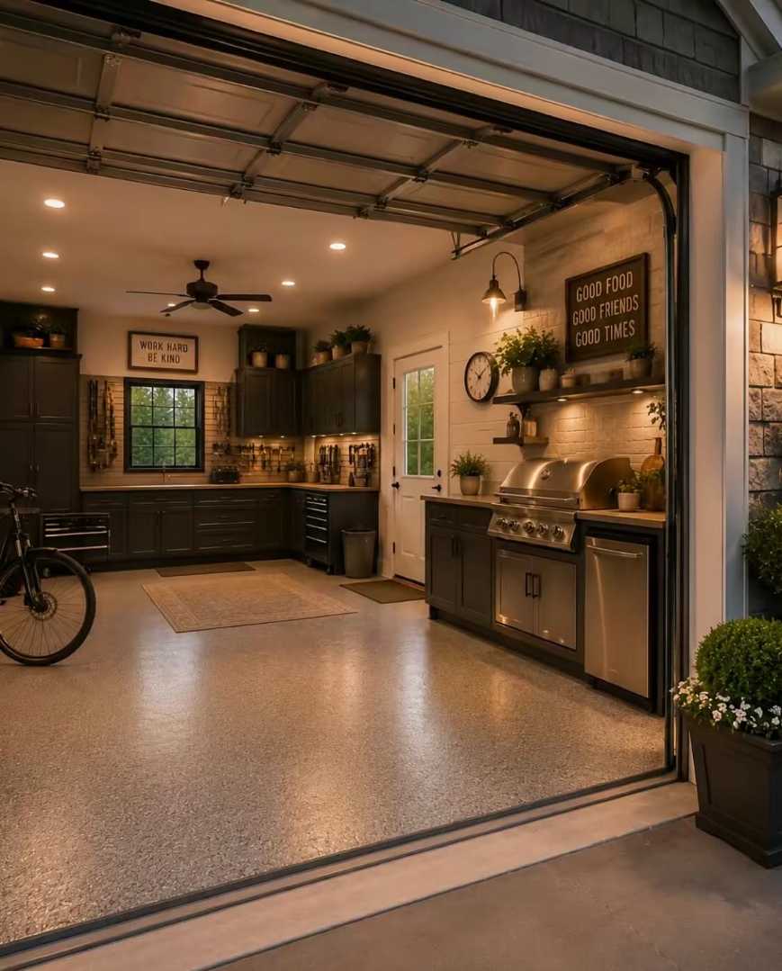garage with built‑in grill station, reclaimed wood countertops, charcoal seating, warm lighting