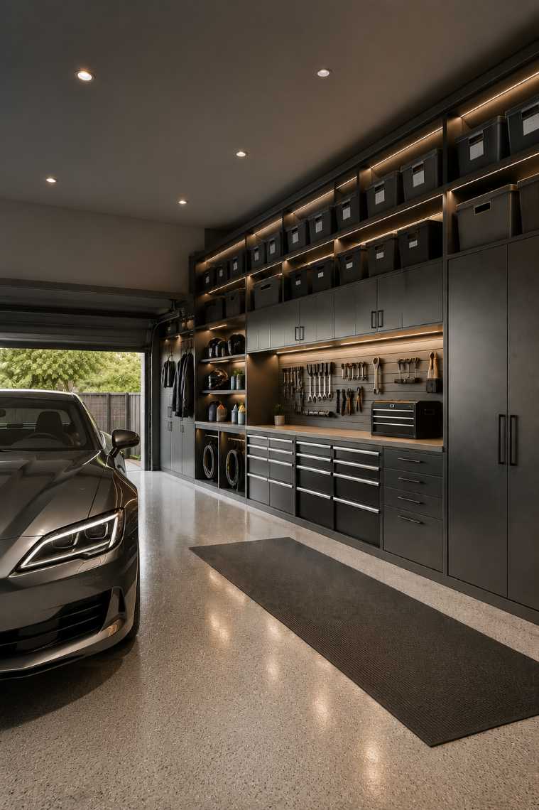 garage with backlit glass cabinets, brushed gold hardware, soft white lighting, polished concrete floor