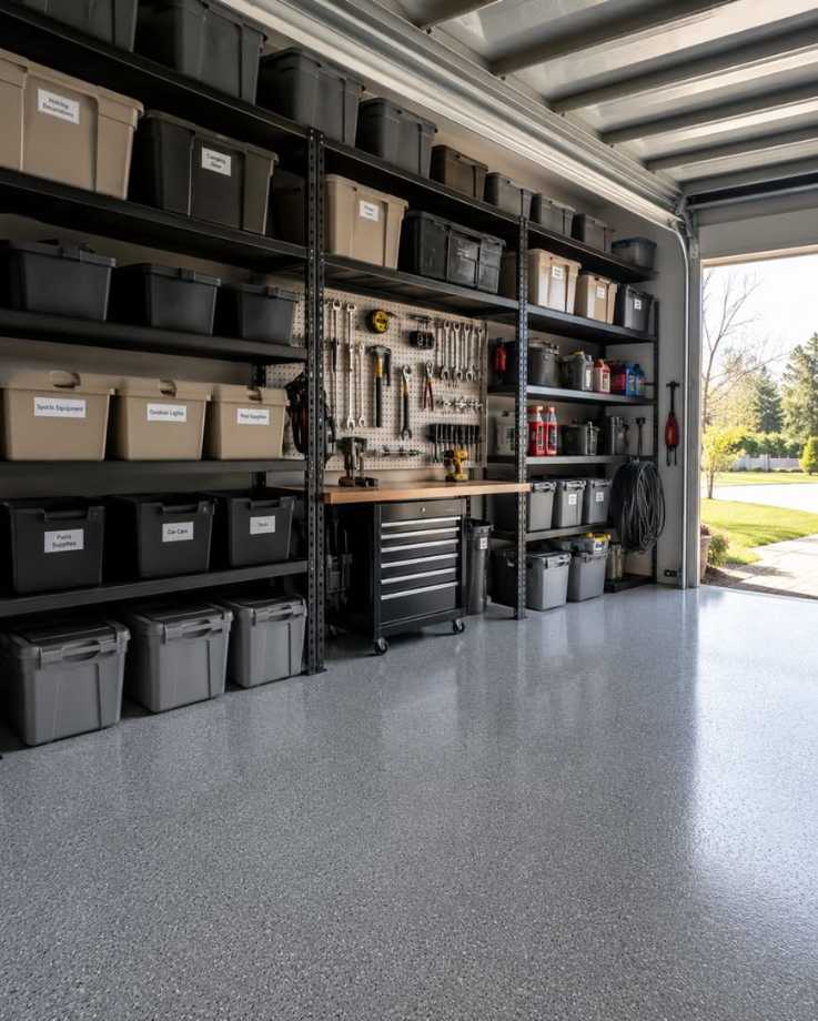 garage metal shelving units, colorful stackable totes, brushed steel, daylight illumination