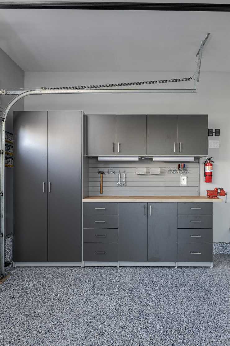 garage modular metal cabinets, modular grid, matte black finish, integrated task lighting