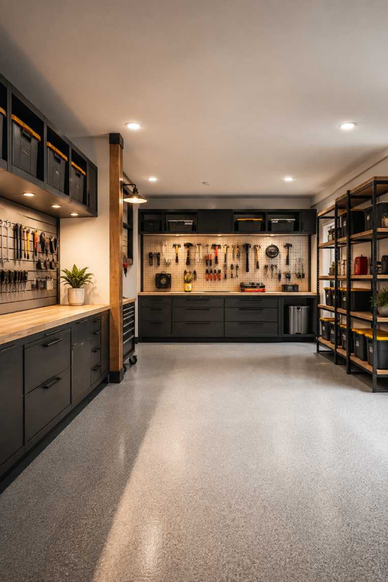 garage open workshop with central workbench, exposed brick, natural wood shelving, bright LED lighting