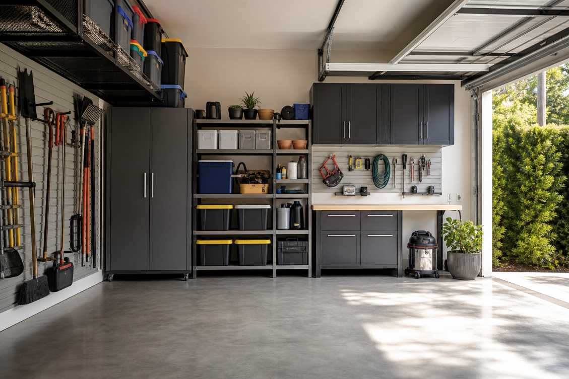 garage overhead storage rack, slatwall panels, matte gray finish, soft white lighting