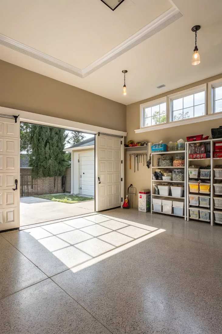 garage with clear plastic bins, label stickers, metal shelving, bright daylight