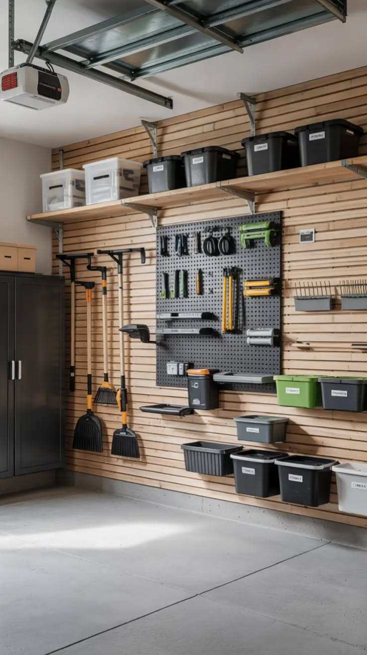 garage slatwall with broom holder, tool hooks, matte black finish, soft white lighting