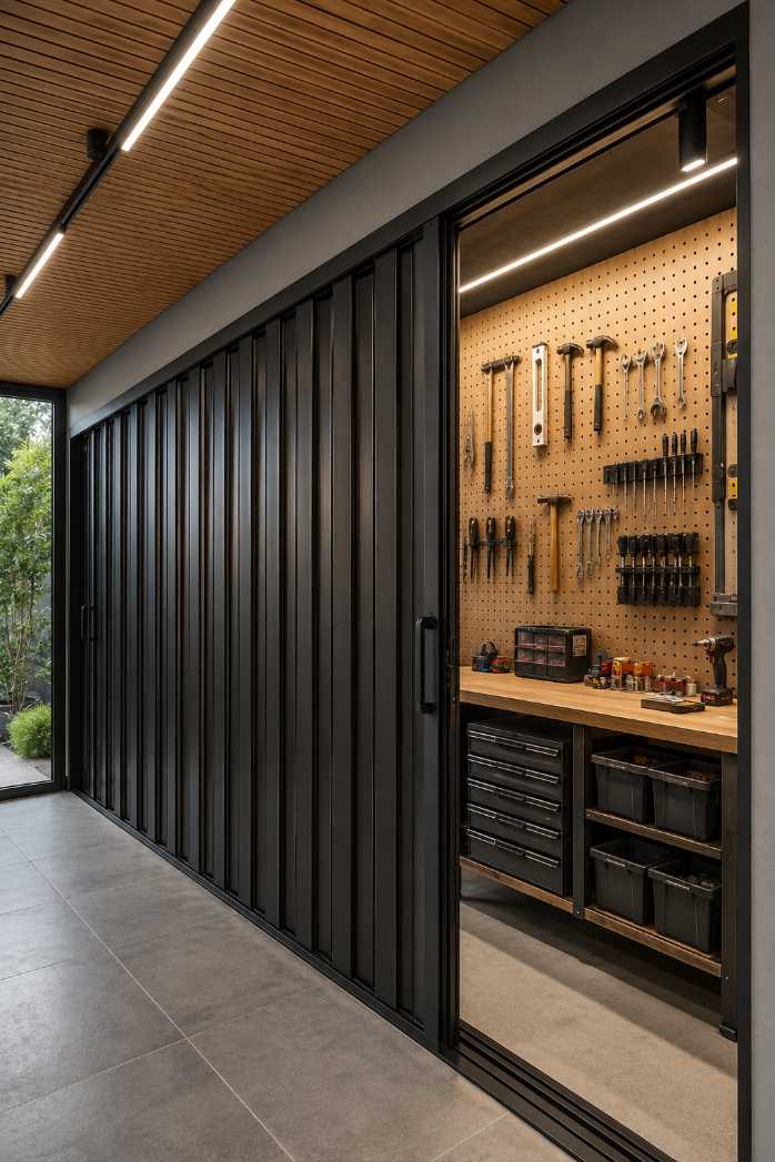 garage workshop with sliding barn doors, reclaimed wood workbench, warm pendant lighting