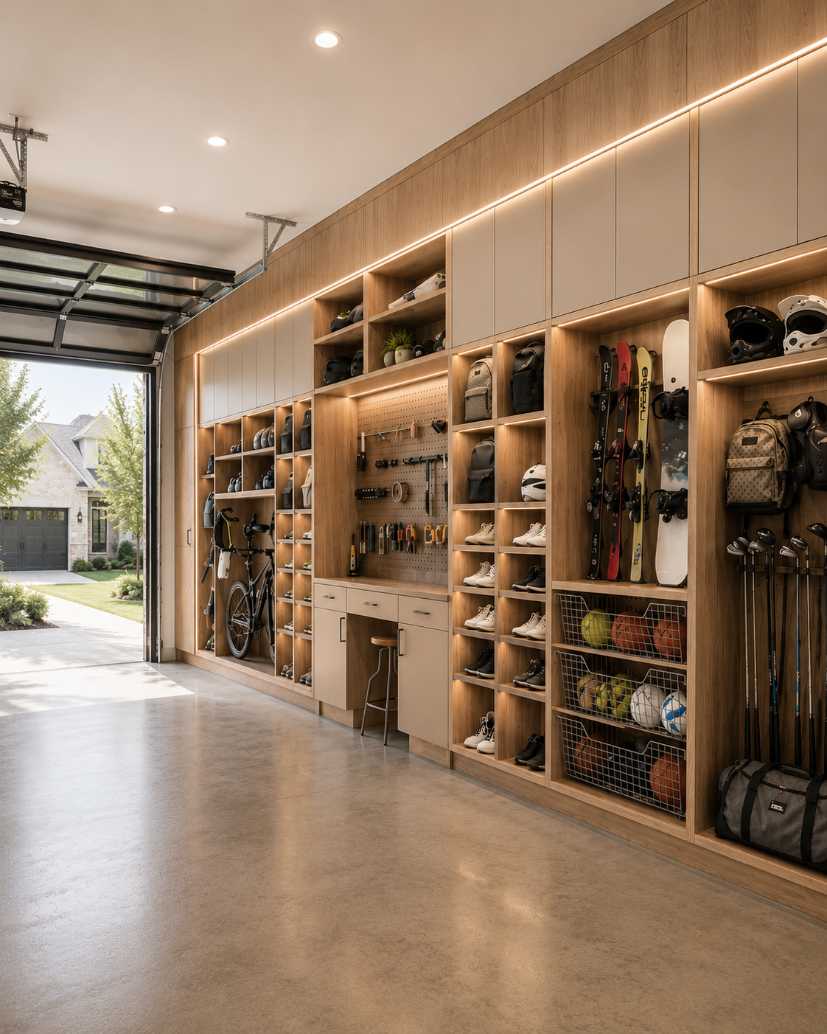 garage with metal lockers, bold color accents, LED strip lighting, polished concrete floor