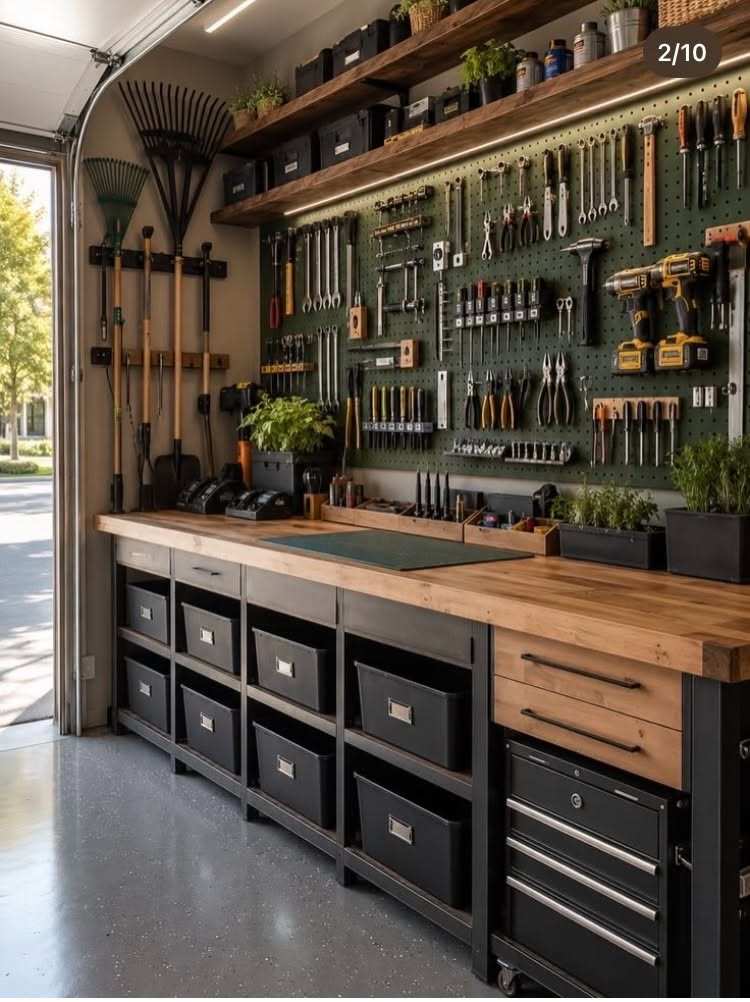 garage bench with integrated pegboard back, reclaimed wood seat, industrial metal frame, cool lighting