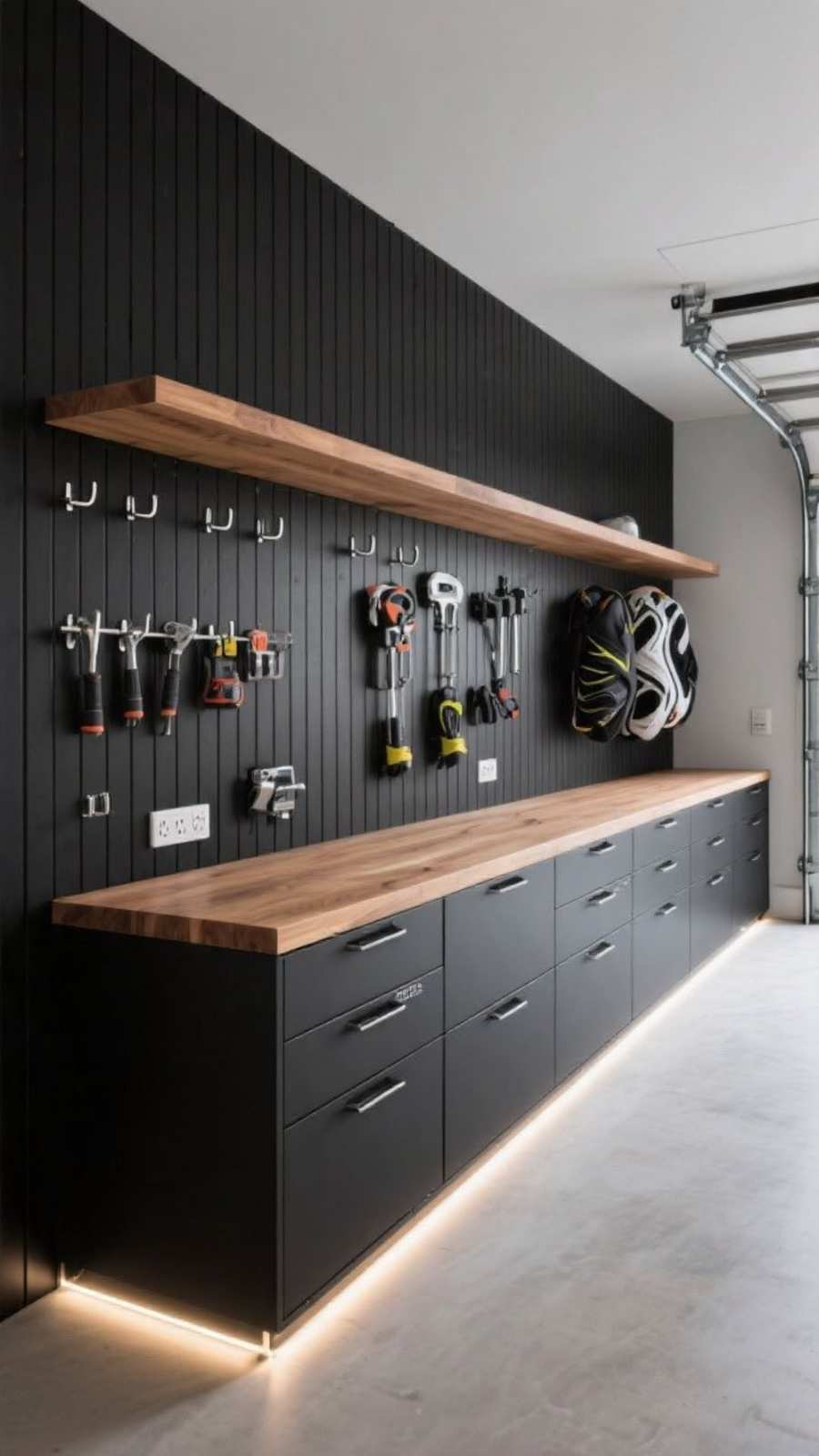 garage counter with LED underglow, black quartz top, metal shelving, cool daylight