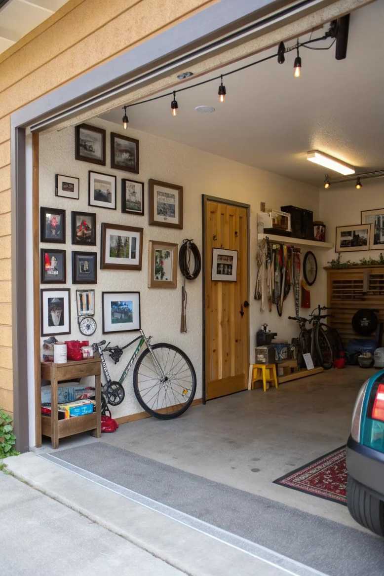 garage corner with bike displayed on wall mounts, art frames, soft ambient lighting, concrete wall