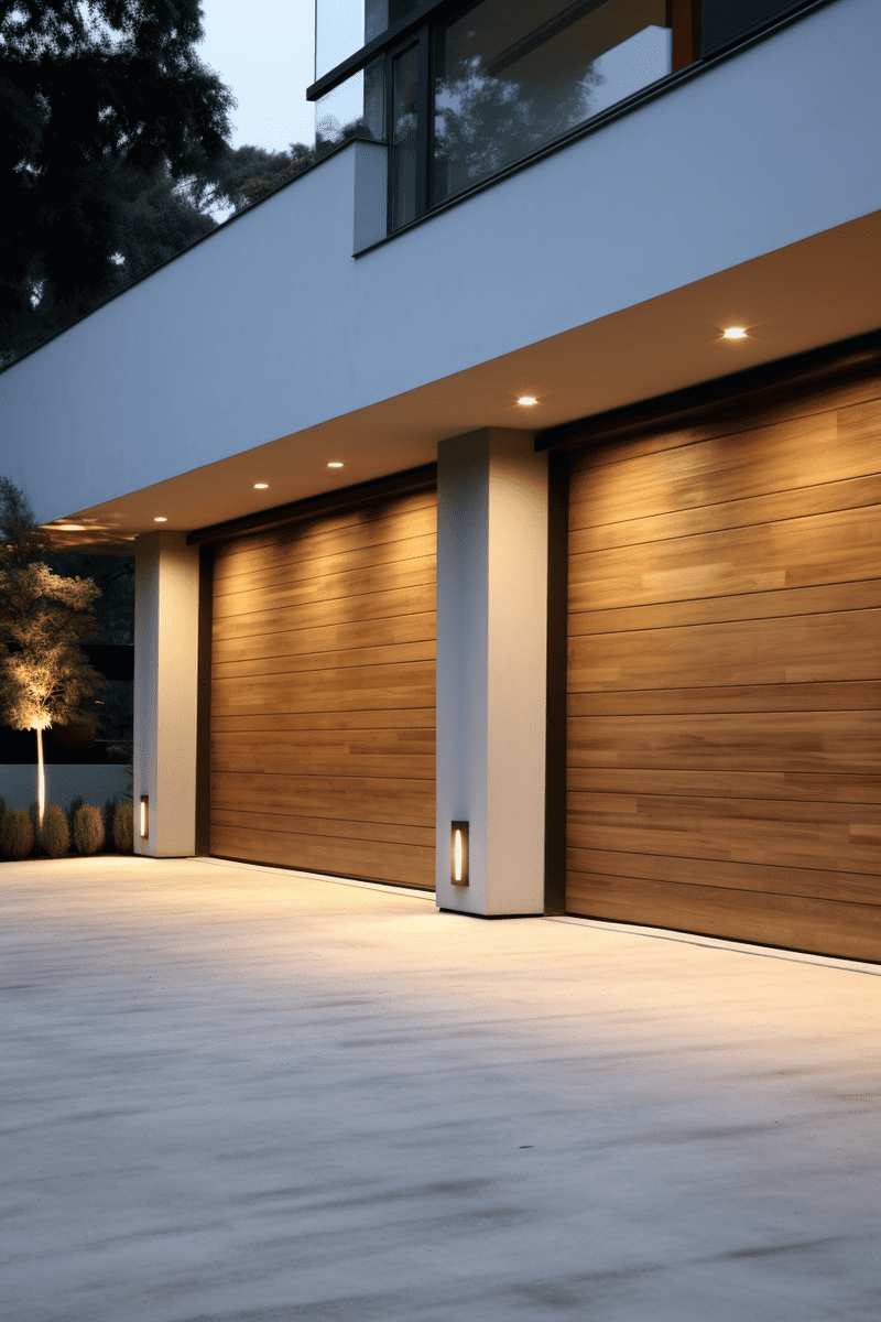 garage exterior with reclaimed wood doors, wrought iron hardware, natural finish, soft daylight