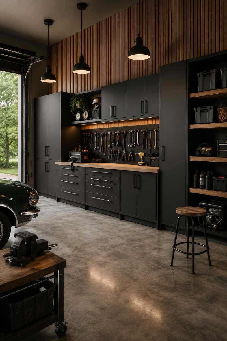 garage with wooden slat wall, built‑in bench, linen cushions, warm lighting, natural texture
