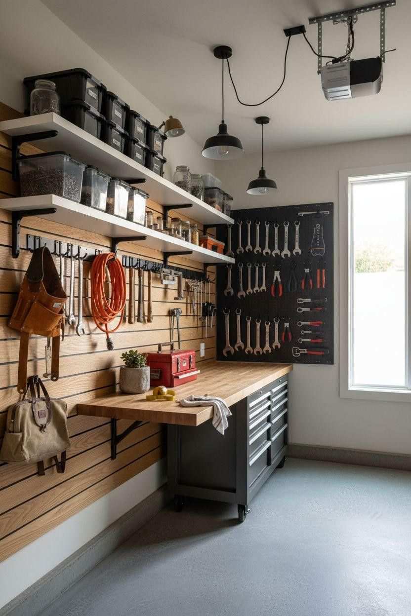 garage workbench with attached tool wall, black metal, wooden top, cool LED lighting