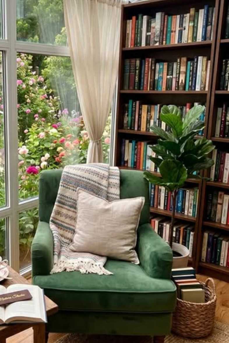 Green velvet armchair, garden window view, rattan side table, natural woven basket, daylight.