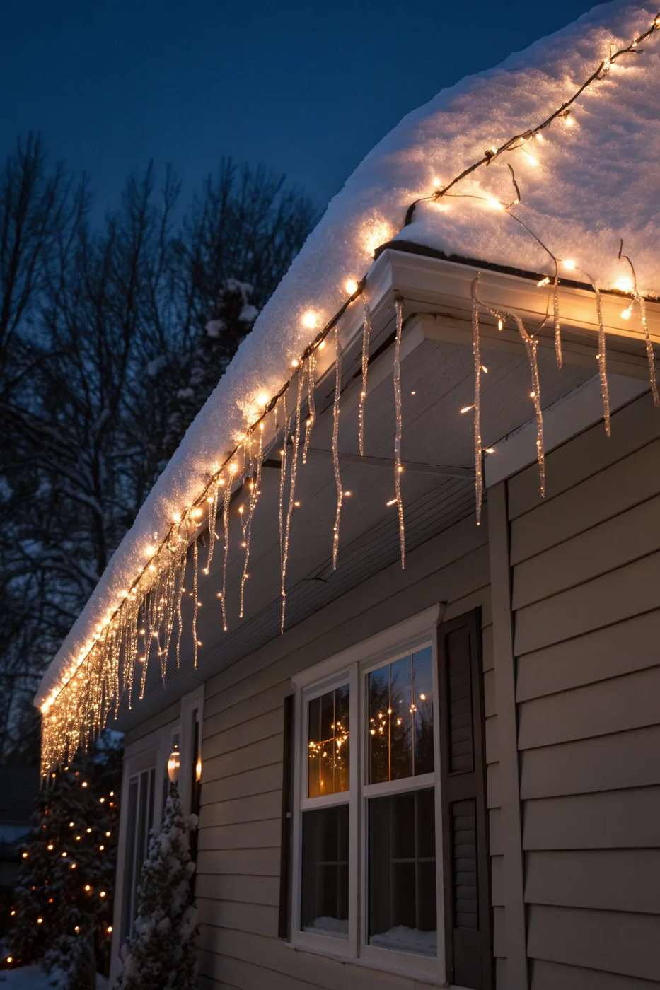 Cozy porch seating area with teak bench plaid cushions and subtle warm string lights