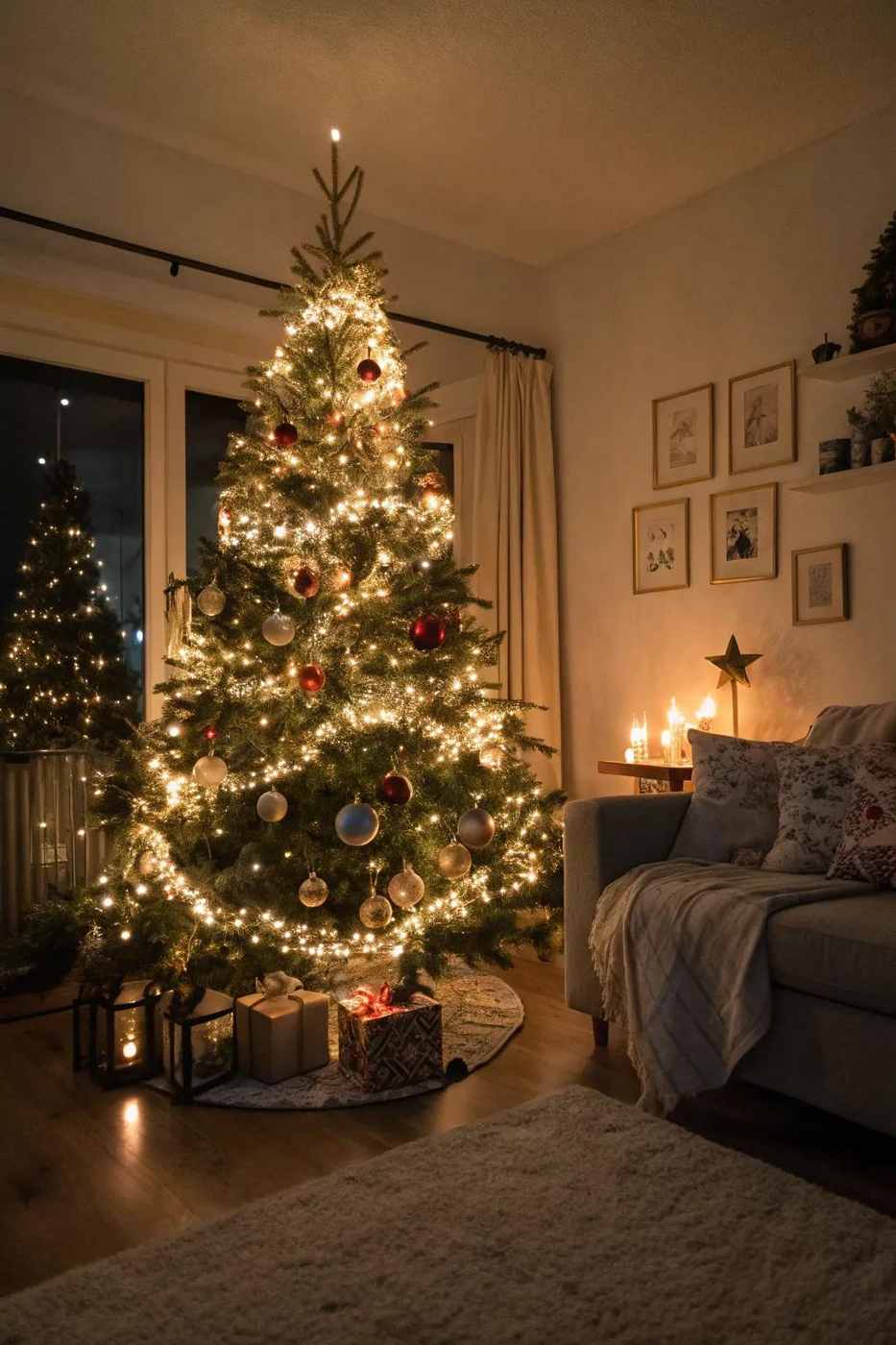 Potted entryway pine tree gently wrapped with warm mini string lights in a terracotta pot