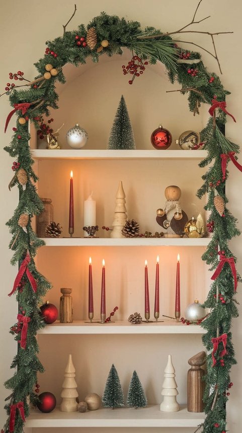 Shelves with a garland arch and taper candles in a classic holiday arrangement.